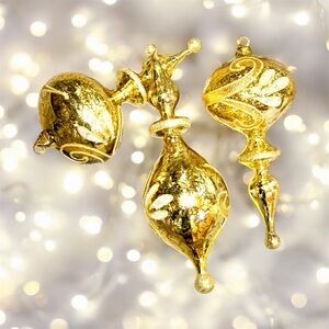 Neiman Marcus Gold Hand Blown Glass Ornaments 
Set of 3, Two 8” Long, 1 9” Long